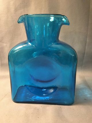 Vtg Blenko Two Spout Water Bottle Turquoise Blue Teal Glass Vase Pitcher 384