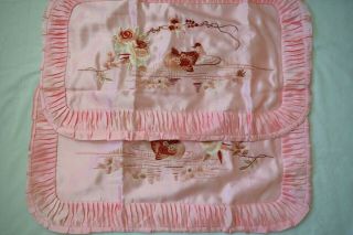 Antique/Vintage CHINESE EMBROIDERED SILK A Silk Pillowcases BIRDS Set 2 5