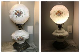 Vintage Gone With The Wind White Milk Glass Puffy Roses 3 Way Parlor Lamp