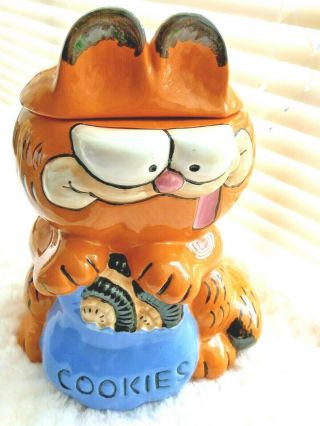 Vintage Garfield Cookie Jar Blue Cookies Ceramic Hand Painted Collectible