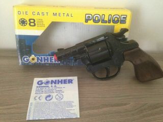 Vintage Rare Toy Police Gun Gonher 8 Shots Metal Die Cast