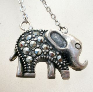 Vintage Sterling Silver Elephant Necklace Marcasite Pendant 19 " Long Animal 925