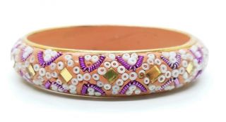 Vintage Beaded Inlay Peach India Signed Artisan Bangle Bracelet