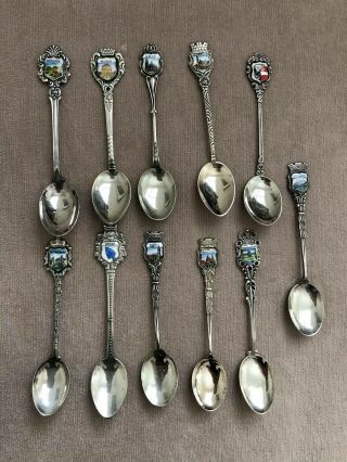 11 Vintage Reu 800 Silver Travel Shield Souvenir Enameled Spoons German Cities
