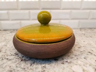 Vintage Mcm Jaru California Pottery Chartreuse,  Orange Covered Shallow Bowl Euc
