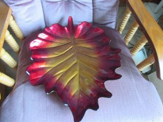 Vintage Leaf Shaped Tray Bowl Ashtray Decor W/handle Large 17 " X 14 " X2 Ruby Red