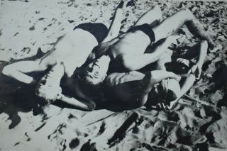 Shirtless Handsome Young Men Hug Bulge Beach Closeness Fun Gay Int Vintage Photo