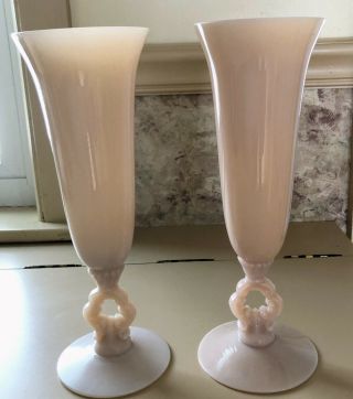 2 Vintage 1940 ' s Cambridge Glass Crown Tuscan Pink Opaque Trumpet Vase Key Hole 2