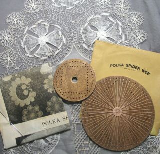 Vintage Polka Spider Web Lace Weaving Looms W/sample Doily