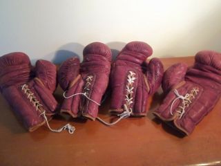 Vintage Adult Size Red Leather Sparring Gloves - 2 Pairs