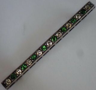 Vintage Art Deco Sterling Silver Emerald Crystal Paste Rhinestone Bar Pin