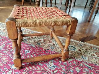 Vintage Oak Wood & Rattan Wicker Rush Stool Footstool 30cm Width X 28cm Height