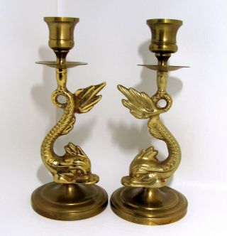Pair Heavy Vintage Solid Brass Dophin Fish Koi Candlesticks Holders 7.  75 " Tall