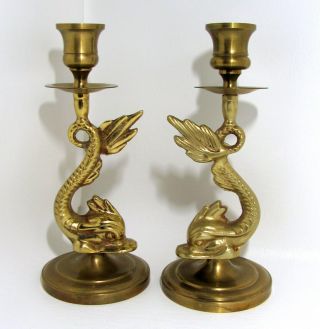 Pair Heavy Vintage Solid BRASS DOPHIN Fish Koi CANDLESTICKS Holders 7.  75 