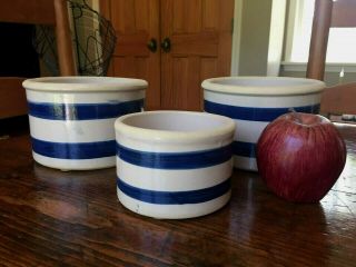 Set Of 3 Vintage Blue Striped Stoneware Crocks - Primitive Farmhouse