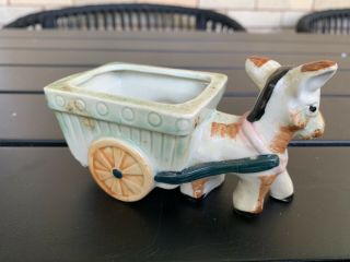 Vintage Donkey Burro Ceramic Planter Pulling Cart 2