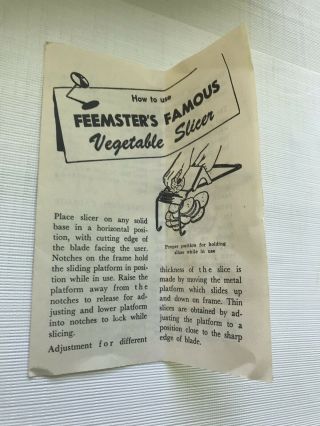 Vintage FEEMSTER ' S Famous Vegetable Slicer - M.  E.  Heuck Co.  Cinci OH USA 6