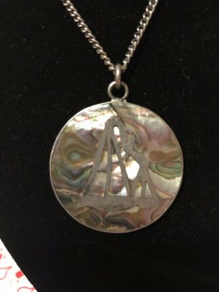 Taxco Mexico Vtg Necklace Sterling Silver & Abalone Intricate Inlay Pendant