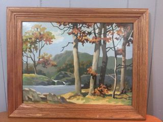Vintage Paint By Number Framed Picture Mountain Trees River Landscape Scene