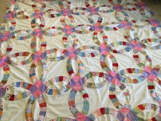 Vintage Patchwork Quilt Top,  Double Wedding Ring,  Hand Pieced,  Multi Color