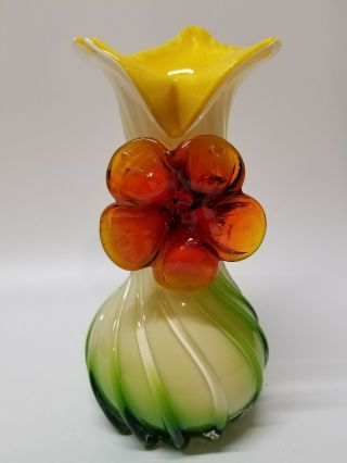 Vintage Cased Art Glass Green &yellow Hand Blown Jack In The Pulpit Vase Bogo