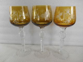 3 Vintage Bohemian Traube Amber Gold Cut To Clear Wine Hock Goblet Cut Stem Ball