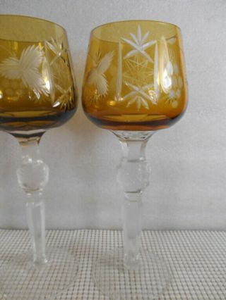 3 Vintage BOHEMIAN TRAUBE AMBER GOLD Cut to Clear WINE HOCK GOBLET Cut Stem Ball 4