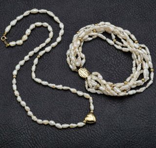 Vintage 14k Yellow Gold Freshwater Pearl Heart Necklace & Multi - Strand Bracelet