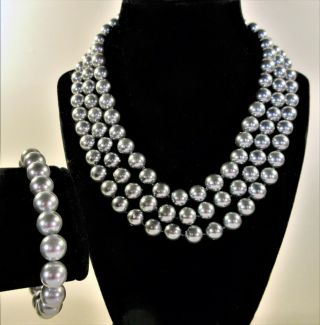 Signed Kjl Kenneth Jay Lane Vintage Multi Strand Faux Pearl Necklace & Bracelet