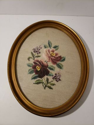 Vintage Framed Rose Petit Point Picture Floral Flowers Oval Cross Stitch Rare