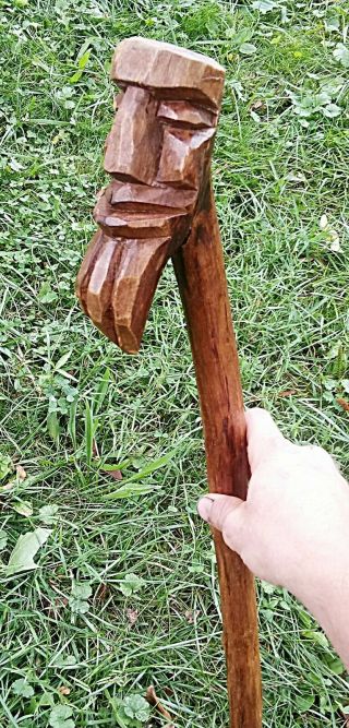 Vintage Hand Carved One Piece Wooden Walking Stick Polynesian Moai Head Cane