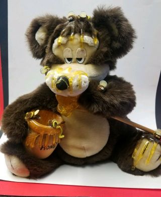 Rare Vintage 1989 80s Honey Covered Teddy Bear Plush Toy Orzek Bees Wooden Spoon