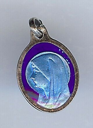 Small Vintage Sterling Silver Blue Enamel Virgin Mary Double Sided Charm