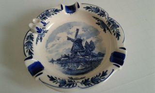 Vintage Delft Blue Hand Painted Windmill Ashtray With Crown Crest