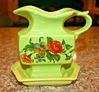 Vintage Mccoy Pottery 5 " Green Square Pitcher With Floral Decal And Saucer 313