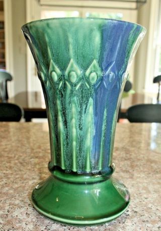 Vintage Mccoy Pottery 9 " Green And Blue Vase With Rib And Diamond Pattern