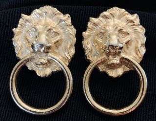 Vtg Runway Couture Lion Head Ring Door Knocker 3 - D Gold Tone Earrings Clip 1.  5 "