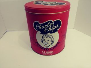 Vintage Charles Chips St Musser Pa Tin Can 1990 9.  5 " Tall Snacks Advertising Red