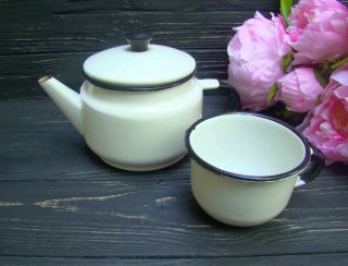 Enamel Tea Kettle And Mug White Enamelware Retro Teapot With Cup Vintage Decor