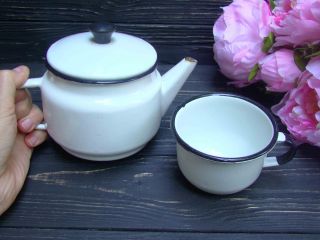 Enamel Tea Kettle and Mug White Enamelware Retro Teapot with cup Vintage decor 2