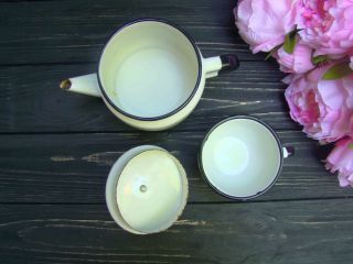 Enamel Tea Kettle and Mug White Enamelware Retro Teapot with cup Vintage decor 4