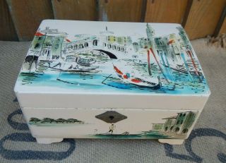 Vintage Mid Century Music Box Hand Painted Venetian Scene Lacquered Decoration