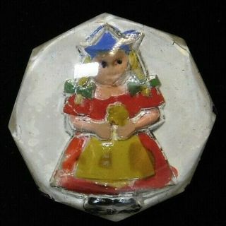 Antique Vtg Button Reverse Painted Girl In Glass 1.  0 M5