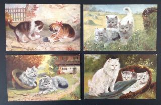 Vintage Cat Postcards (4) Hsm Series 749 - A/s L.  Schropler - Pretty Green - Eyed Cats