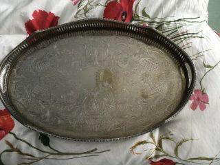 Vintage Silver Plated On Copper Gallery Serving Tray With Engraved Patterns.