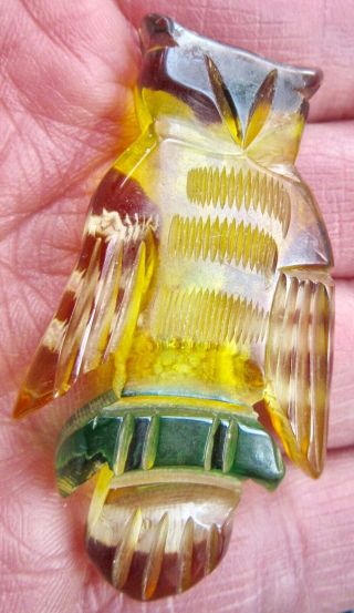 Vintage Lucite Owl Brooch Pin Figural Yellow Carved Plastic Back Costume Jewelry