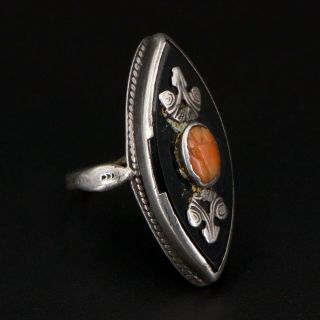 Vtg Sterling Silver - Art Deco Onyx Coral Flower Ring Size 6.  5 - 7g