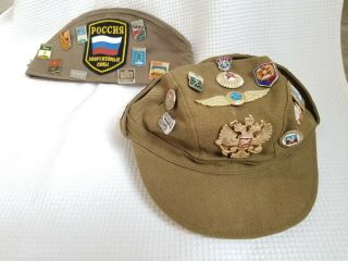 Vintage Russian Soviet Ussr Army Military Cap Hat - 38 Pins 4 Patches 2 Hats