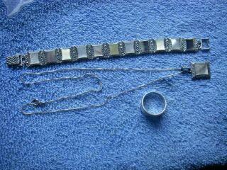 Sterling Marcasite Mop Bracelet Pendant Ring Set Art Deco Vintage Mid Century