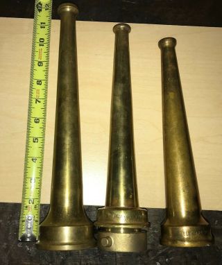 Three (3) Vintage Brass Fire Hose Nozzles Elkhart,  Powhatan,  Unmarked Smooth Bore